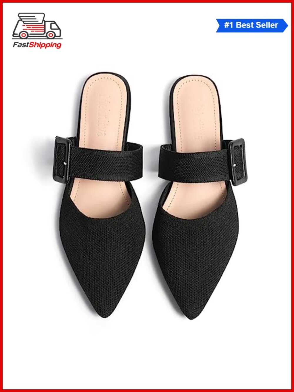 Pointed Toe Mules Flats Knit Buckle Adjustable Wide Width Memory Foam Women